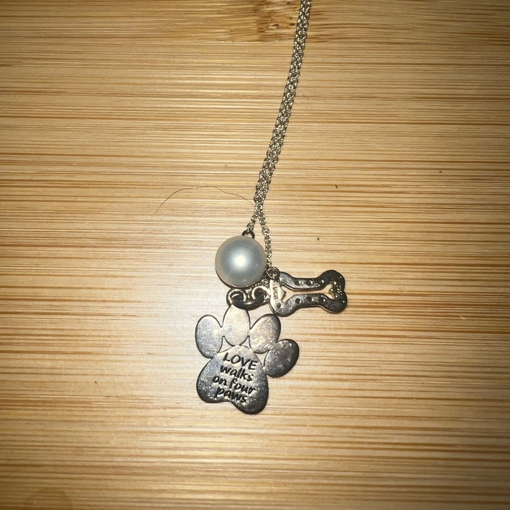 Silver Paw Print Necklace with real Pearl and Bone Charm and white gold chain